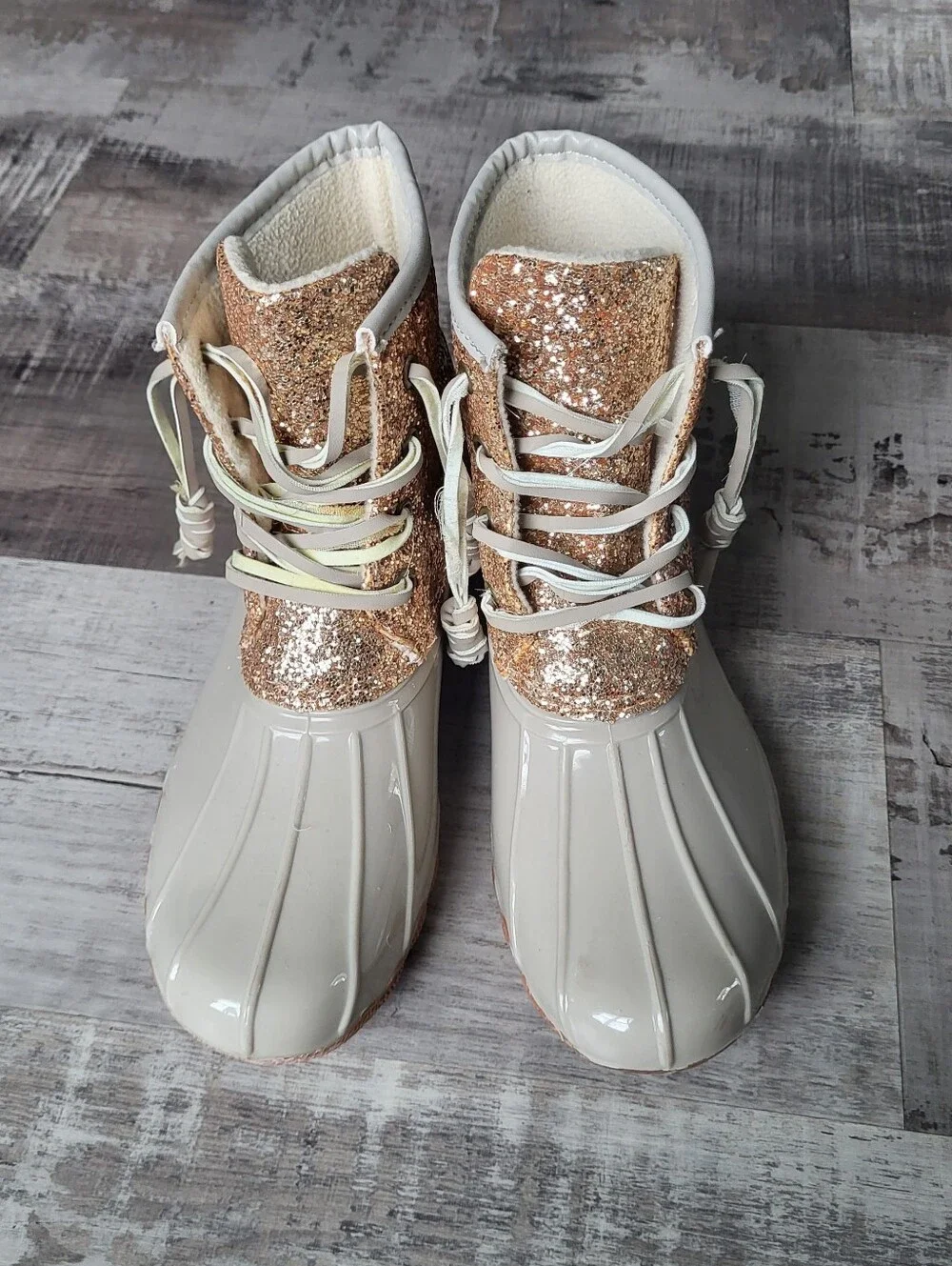 Ocean Coast Womens Duck Rain Boots Beige Shimmer Gold Size 6